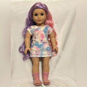 American Girl Doll with Purple and Pink Hair and Pastel Tie-Dye Dress